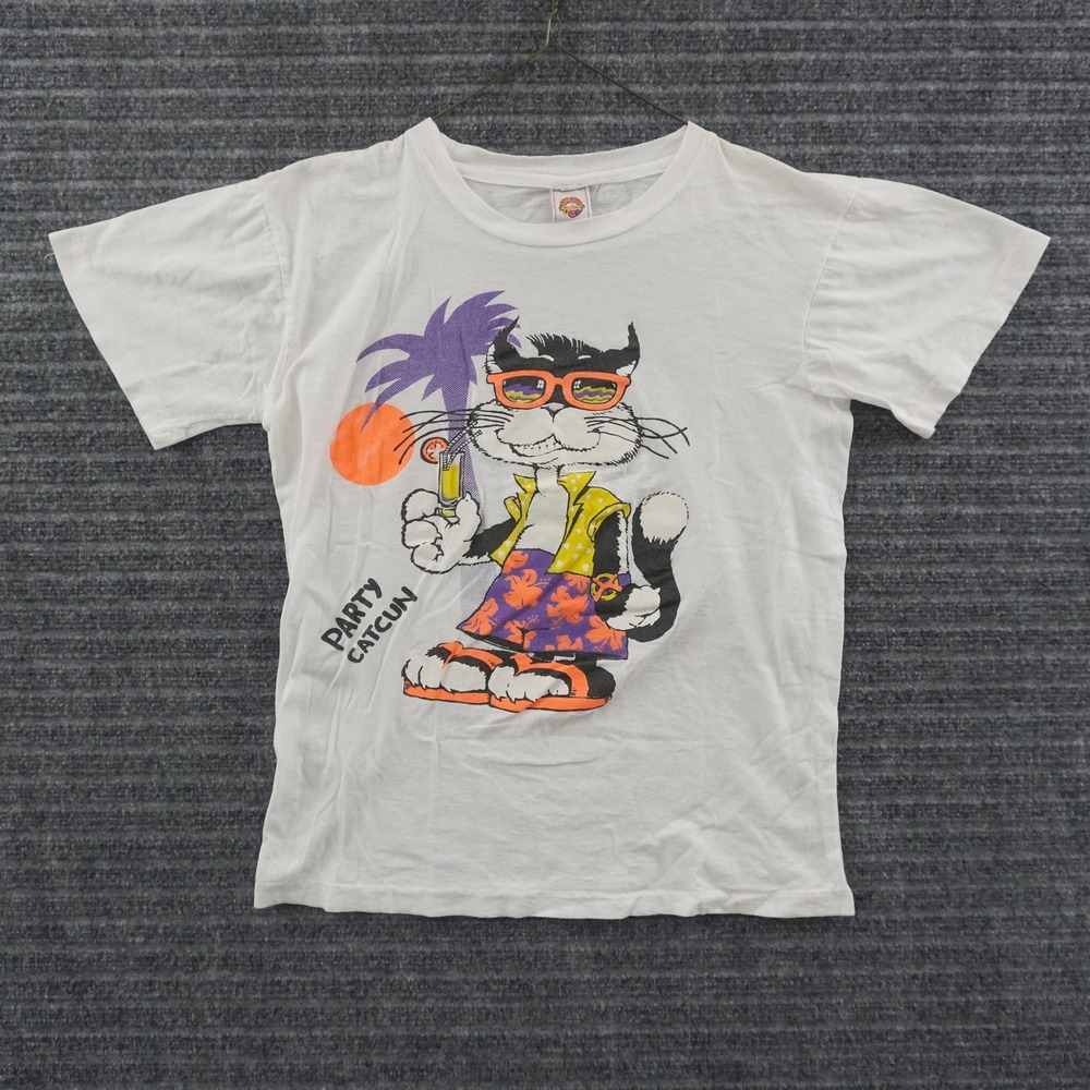 Vintage 90s Every Day T-Shirt Small White Party Catcun Graphic Tee Cool Cat